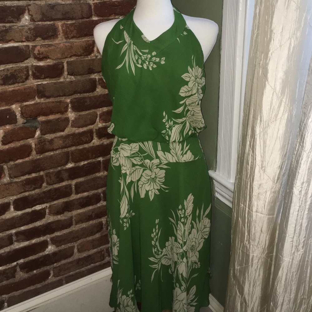 Green and white halter dress